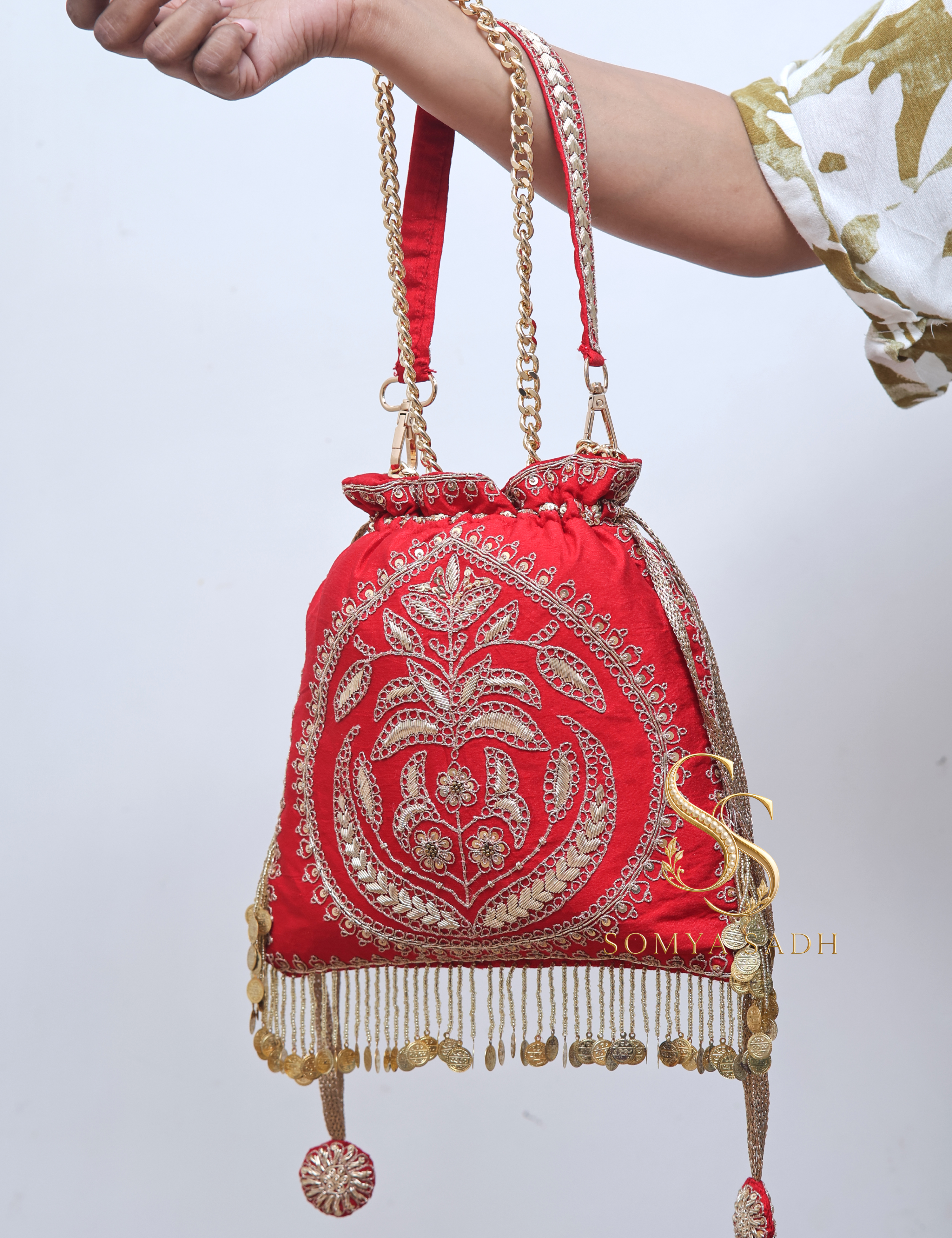 Marodi Elegance Red Zardozi Potli Bag