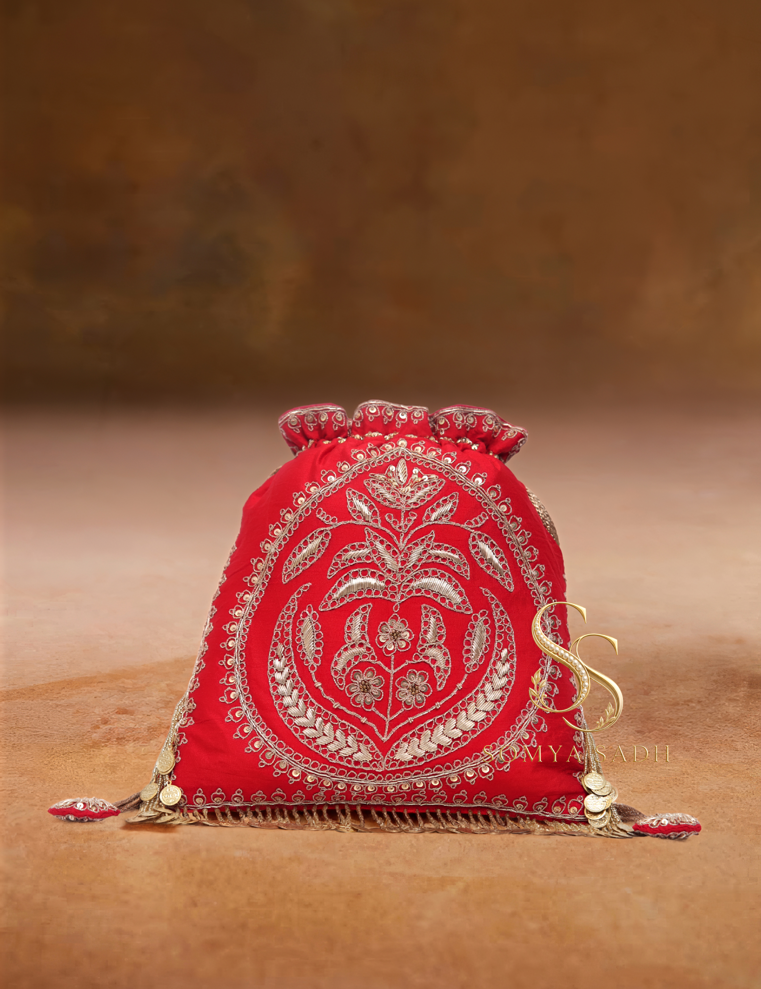 Marodi Elegance Red Zardozi Potli Bag