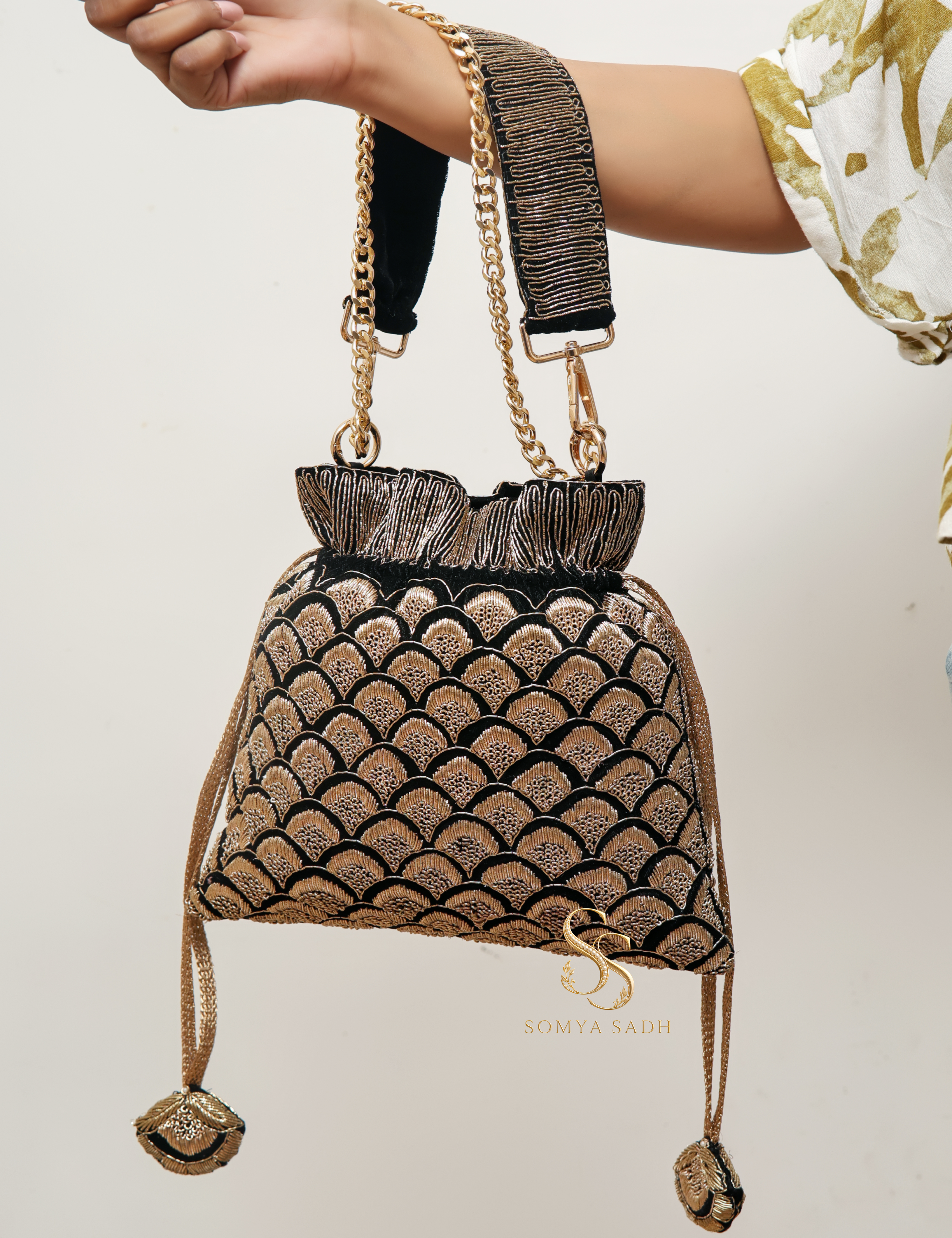 The Dabka Edit Black Zardozi Potli Bag