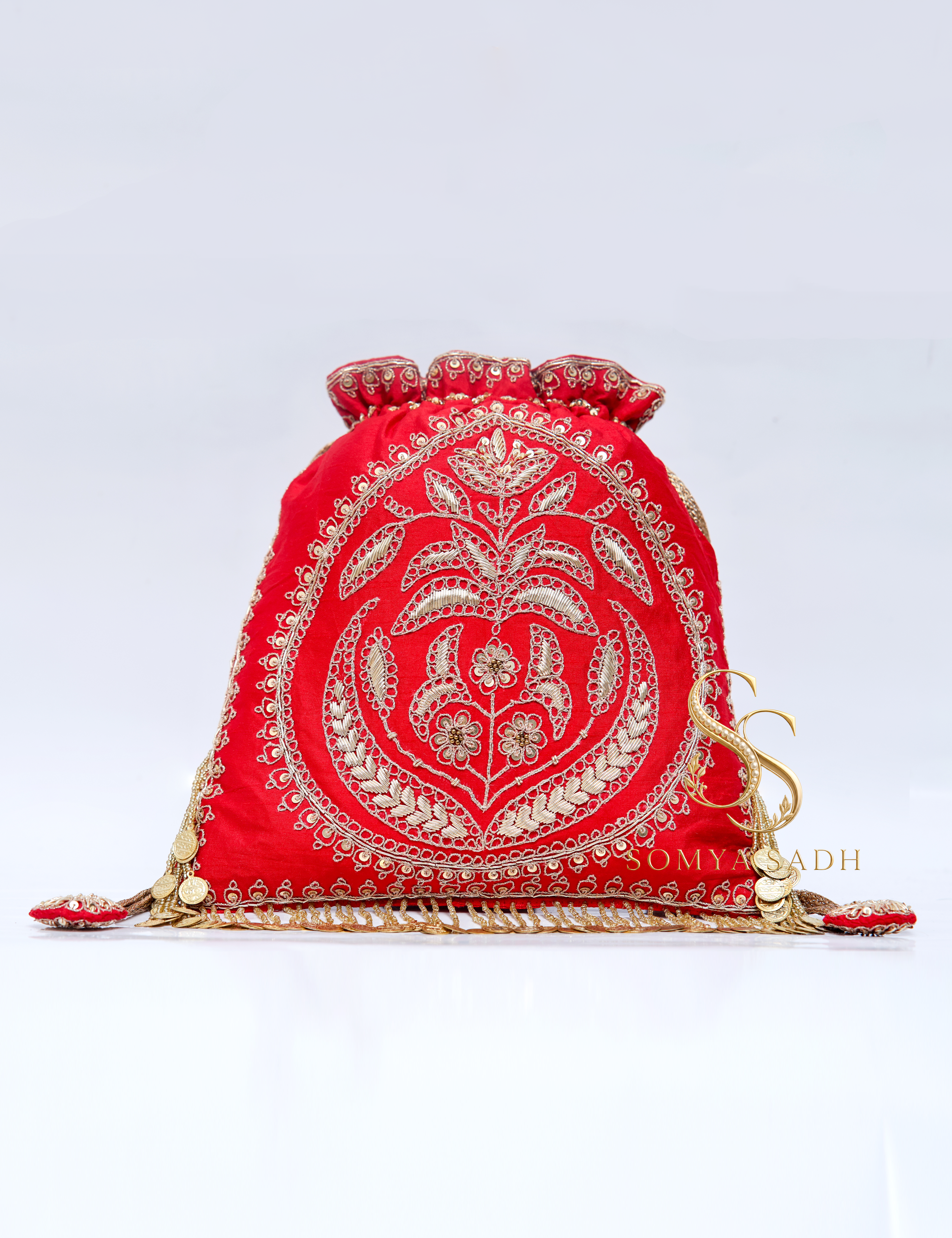 Marodi Elegance Red Zardozi Potli Bag