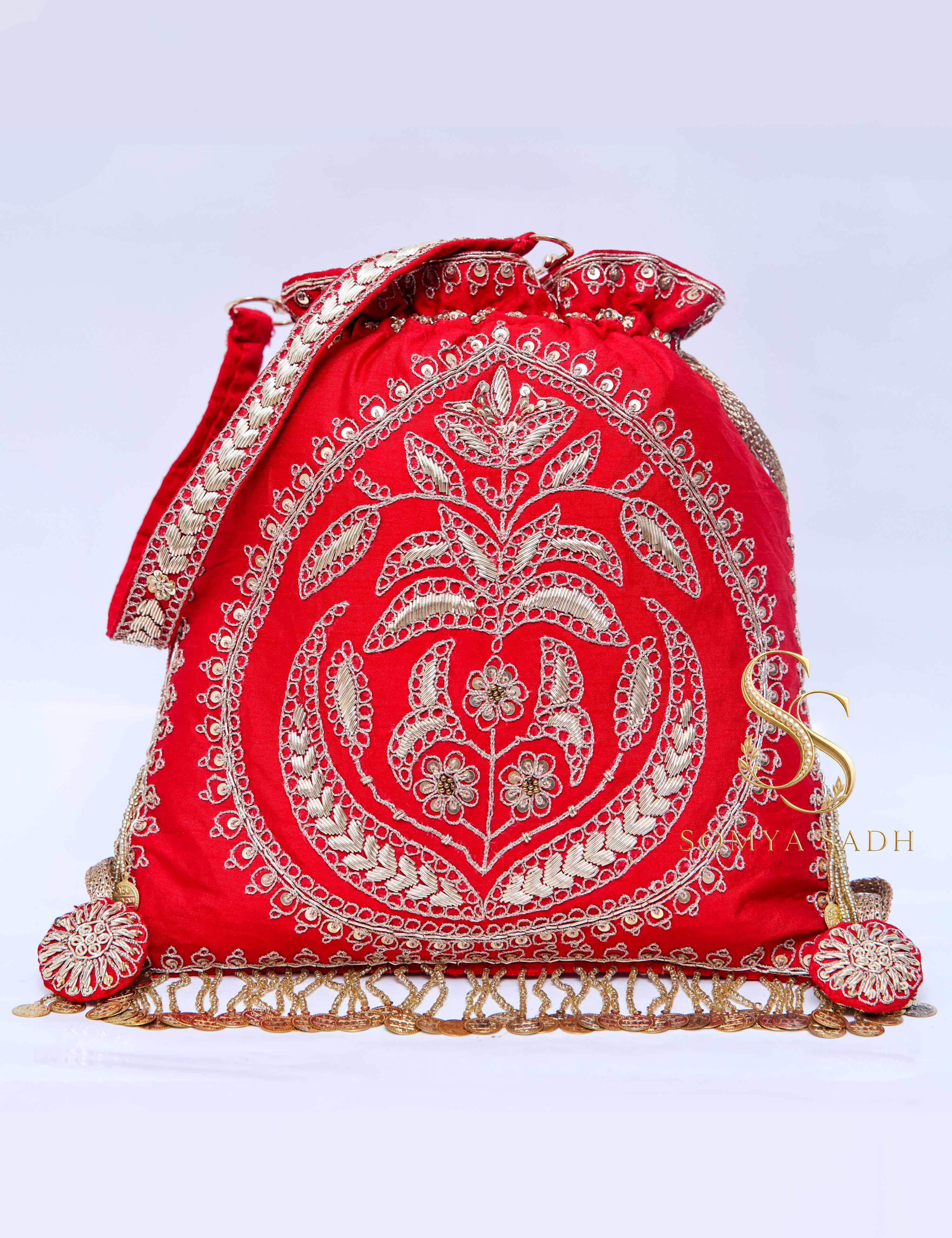 Marodi Elegance Red Zardozi Potli Bag